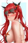  1girl absurdres artist_name azur_lane bangs bikini black_bikini blush breasts closed_mouth eyebrows_visible_through_hair eyewear_on_head from_side glasses highres honolulu_(azur_lane) ichikushi_mojibake large_breasts long_hair looking_at_viewer looking_to_the_side red_eyes redhead simple_background solo starfish sunglasses swimsuit twintails wet 