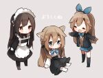  3girls :d animal_ears apron black_dress black_hair black_jacket black_legwear black_skirt blazer blue_bow blue_eyes blue_ribbon blue_skirt blush_stickers bow brown_hair brown_sweater cat_ears closed_eyes dress grey_background hair_ribbon heripiro highres jacket long_hair long_sleeves maid maid_apron maid_headdress multiple_girls no_shoes open_clothes open_jacket open_mouth original pantyhose pleated_skirt puffy_long_sleeves puffy_sleeves red_eyes ribbon school_uniform shirt sitting skirt sleeves_past_wrists smile standing sweater thigh-highs translation_request very_long_hair white_apron white_legwear white_shirt 