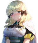  1girl bangs black_bow blonde_hair blue_eyes blush bow breasts elf eyebrows_visible_through_hair hair_bow hair_ornament large_breasts looking_at_viewer picter pointy_ears princess_connect! saren_(princess_connect!) short_hair solo 