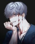  1boy black_background blood blood_in_mouth blood_on_face blue_shirt commission earrings half-closed_eyes highres injury jewelry kkxmxx male_focus open_mouth original shirt short_hair silver_hair simple_background smile solo teeth upper_body upper_teeth white_eyes 