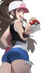  1girl ass bag baseball_cap black_vest blue_eyes brown_hair cutoffs denim denim_shorts english_commentary exposed_pocket hat high_ponytail highres hilda_(pokemon) holding holding_poke_ball hood_(james_x) long_hair looking_at_viewer looking_back one_eye_closed poke_ball pokemon pokemon_(game) pokemon_bw shirt short_shorts shorts shoulder_bag sidelocks sleeveless sleeveless_shirt standing tank_top tongue tongue_out vest white_background white_shirt wristband 