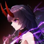  1girl antenna_hair bangs bare_shoulders blurry blurry_background close-up closed_mouth electricity gauntlets hair_between_eyes halfmoe honkai_(series) honkai_impact_3rd horns long_hair looking_to_the_side portrait purple_hair raiden_mei raiden_mei_(herrscher_of_thunder) single_gauntlet solo 