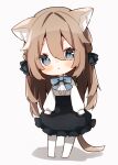  1girl animal_ear_fluff animal_ears bangs black_bow black_skirt blue_bow blush bow braid breasts brown_hair cat_ears cat_girl cat_tail chibi eyebrows_visible_through_hair frilled_skirt frills full_body grey_background grey_eyes hair_between_eyes hair_bow heripiro highres long_hair long_sleeves no_shoes original pantyhose parted_lips puffy_long_sleeves puffy_sleeves shadow shirt skirt sleeves_past_wrists small_breasts solo standing tail very_long_hair white_legwear white_shirt 