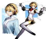  2girls aegis_(persona) android blonde_hair blue_eyes breasts hair_between_eyes headphones highres joints looking_at_viewer medium_breasts medium_hair multiple_girls nakano_maru persona persona_3 red_neckwear robot_joints sidelocks skin_tight solo white_legwear 