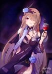 1girl :d absurdres alcohol bangs bare_shoulders brown_hair cup dress drinking_glass flower gloves hair_flower hair_ornament hair_over_one_eye halfmoe highres holding holding_cup honkai_(series) honkai_impact_3rd long_hair looking_at_viewer mole mole_under_eye night night_sky open_mouth outdoors purple_dress purple_flower purple_gloves purple_rose rita_rossweisse rita_rossweisse_(fallen_rosemary) rose single_glove sky sleeveless sleeveless_dress smile star_(sky) violet_eyes wine wine_glass 