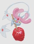  candy_apple closed_mouth food gen_4_pokemon highres holding holding_stick legendary_pokemon looking_down mesprit nashimochi_4 pokemon pokemon_(creature) shiny simple_background smile stick white_background yellow_eyes 