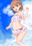  1girl 3535mb bikini bikini_bottom bikini_top brown_eyes brown_hair clouds eyebrows_visible_through_hair frilled_bikini frills looking_at_viewer misaka_mikoto open_mouth pink_bikini short_hair sky smile solo standing standing_on_one_leg swimsuit toaru_kagaku_no_railgun toaru_majutsu_no_index water 