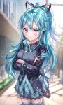  1girl :i absurdres aina_156cm bangs black_jacket black_legwear blue_eyes blue_hair blue_nails blue_skirt blurry blurry_background braid breasts closed_mouth collared_jacket commentary_request crossed_arms day depth_of_field french_braid hair_between_eyes hatsune_miku headphones highres huge_filesize jacket long_hair long_sleeves looking_at_viewer medium_breasts nail_polish outdoors pleated_skirt ponytail pout skirt solo standing thigh-highs v-shaped_eyebrows very_long_hair vocaloid wide_sleeves zettai_ryouiki 