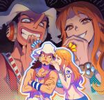  1boy 1girl arm_tattoo bikini bikini_top black_hair crossed_arms earmuffs evil_grin evil_smile goggles goggles_around_neck grin hat highres log_pose long_hair long_nose looking_at_viewer nami_(one_piece) ojou-sama_pose one_piece orange_hair qin_(7833198) shaded_face shirtless smile swimsuit tattoo usopp whispering 