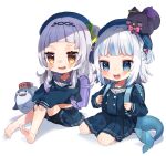  2girls :d absurdres animal backpack bag bangs barefoot beret black_hairband black_shorts bloop_(gawr_gura) blue_eyes blue_hair blue_headwear blue_serafuku blue_shirt blue_skirt blush brown_eyes commentary_request fish_tail fox gawr_gura hair_ornament hairband hat highres holding_strap hololive hololive_english huge_filesize long_sleeves multicolored_hair multiple_girls murasaki_shion noi_mine open_mouth pleated_skirt puffy_long_sleeves puffy_sleeves sailor_collar shark shark_tail sharp_teeth shirt short_shorts shorts shorts_under_skirt skirt sleeves_past_wrists smile soles streaked_hair tail teeth two_side_up virtual_youtuber wavy_mouth white_hair white_sailor_collar 