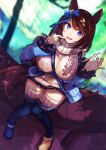  1girl :d absurdres animal_ears asymmetrical_legwear bag bangs bench blue_jacket blue_legwear blurry blurry_background boots bow breasts brown_hair ear_cleaning finger_to_mouth frilled_skirt frilled_sleeves frills hair_ornament handbag high_heels highres holding horse_ears horse_girl jacket knees_together_feet_apart kobiemon large_breasts long_hair mimikaki open_mouth shadow sitting skirt smile solo super_creek_(umamusume) sweater tree umamusume upper_teeth very_long_hair violet_eyes 