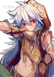  1boy absurdres bangs brown_gloves closed_mouth genshin_impact gloves green_pants grey_hair hair_between_eyes highres hood hood_up long_hair looking_at_viewer male_focus navel pants razor_(genshin_impact) red_eyes scar scar_on_arm scar_on_chest scar_on_face simple_background solo tassel u0rei white_background 