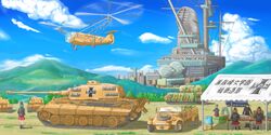  5girls aircraft artist_request car caterpillar_tracks clouds commentary_request day elefant emblem fa_223_drache girls_und_panzer ground_vehicle helicopter highres kubelwagen kuromorimine_(emblem) kuromorimine_military_uniform military military_vehicle motor_vehicle multiple_girls panzerkampfwagen_viii_maus sky tank tiger_ii traditional_media translation_request 