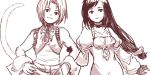  1boy 1girl bodysuit breasts closed_mouth final_fantasy final_fantasy_ix garnet_til_alexandros_xvii gloves jewelry long_hair looking_at_viewer ma-hain-scarlet monochrome necklace simple_background smile tail white_background zidane_tribal 
