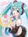  1girl :d aqua_hair argyle argyle_background bangs bare_shoulders black_skirt black_sleeves blue_eyes blue_neckwear blush cake character_name collared_shirt commentary_request dated detached_sleeves eyebrows_visible_through_hair food grey_shirt hair_between_eyes happy_birthday hatsune_miku headphones headset heart holding holding_plate long_hair long_sleeves looking_at_viewer necktie open_mouth plate pleated_skirt shirt skirt sleeveless sleeveless_shirt smile snowmi solo sparkle spring_onion tie_clip twintails very_long_hair vocaloid wide_sleeves 