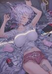  1girl arms_up bangs bed between_legs blush breasts can cellphone closed_eyes commentary_request cowboy_shot demon_tail dolphin_shorts drinking_straw hair_ornament hairclip head_wings highres hong horns large_breasts long_hair lying midriff multiple_horns navel nintendo_switch on_back on_bed open_mouth original phone pillow red_shorts shirt short_shorts short_sleeves shorts silver_hair sleeping smartphone solo stuffed_animal stuffed_bunny stuffed_toy tail white_shirt 