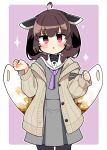  1girl a.i._voice ahoge black_legwear blush bob_cut brown_cardigan brown_hair cardigan cosplay cowboy_shot eyebrows_visible_through_hair food grey_serafuku grey_skirt headgear highres ini_(inunabe00) kiritanpo_(food) long_sleeves neckerchief open_cardigan open_clothes parted_lips pleated_skirt purple_neckwear red_eyes sailor_collar school_uniform serafuku short_hair skirt solo thigh-highs touhoku_kiritan vocaloid voiceroid white_sailor_collar yuzuki_yukari yuzuki_yukari_(shizuku) yuzuki_yukari_(shizuku)_(cosplay) 