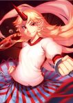  1girl alcohol bangs blonde_hair blue_skirt cowboy_shot cuffs cup holding holding_cup horns hoshiguma_yuugi kaiza_(rider000) long_hair looking_at_viewer multicolored multicolored_clothes multicolored_skirt oni_horns pointy_ears red_eyes red_horns red_skirt sakazuki sake shackles shirt short_sleeves single_horn skirt smile solo standing star_(symbol) star_print touhou v-shaped_eyebrows white_shirt 