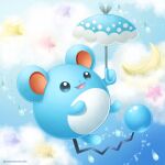  :d artist_name commentary_request droplet gen_2_pokemon grey_eyes holding holding_umbrella marill no_humans open_mouth pokemon pokemon_(creature) sasabunecafe smile solo tongue umbrella 