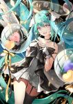  1girl :d absurdres ahoge balloon black_bow black_dress black_legwear blue_eyes blue_hair bow character_name commentary_request dress earrings feathered_wings garter_straps gloves hair_bow happy_birthday hatsune_miku head_tilt heart heart_balloon heart_earrings heart_hands highres jewelry long_hair looking_at_viewer okuma_mai open_mouth single_thighhigh smile solo strapless strapless_dress thigh-highs twintails upper_teeth very_long_hair vocaloid white_gloves white_wings wings 