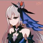  1girl bangs bare_shoulders black_gloves breasts bronya_zaychik bronya_zaychik_(herrscher_of_reason) closed_mouth dress earrings elbow_gloves gloves grey_eyes grey_hair hair_between_eyes hair_ornament halfmoe honkai_(series) honkai_impact_3rd jewelry long_hair looking_to_the_side purple_background simple_background sleeveless sleeveless_dress small_breasts solo 