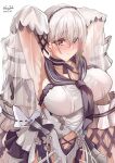  1girl absurdly_long_hair absurdres armpits arms_behind_head artist_name azur_lane black_choker black_neckwear black_sailor_collar blush bow_dress breasts choker clothing_cutout dress dress_flower feather_dress formidable_(azur_lane) formidable_(timeless_classics)_(azur_lane) hair_between_eyes hair_ornament highres large_breasts long_hair looking_at_viewer navel_cutout noazzark official_alternate_costume platinum_blonde_hair red_eyes sailor_collar simple_background sleeveless sleeveless_dress solo twintails two-tone_dress two-tone_ribbon upper_body veil very_long_hair white_background white_dress 