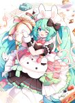  1girl ;d animal animal_ears apron aqua_eyes bangs black_dress bow cake cake_slice car collar commentary_request detached_collar dress eighth_note eyebrows_visible_through_hair fake_animal_ears feet_out_of_frame food frilled_dress frills fruit gloves green_hair ground_vehicle hatsune_miku hehehzb highres holding knees_together_feet_apart motor_vehicle musical_note one_eye_closed open_mouth pantyhose pastry_bag plate pleated_dress puffy_short_sleeves puffy_sleeves quarter_note rabbit rabbit_ears red_bow short_sleeves smile solo strawberry treble_clef vocaloid white_apron white_collar white_gloves white_headwear white_legwear wing_collar 