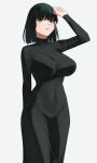  1girl arm_behind_back arm_up bangs black_dress black_hair breasts commentary_request dress fubuki_(one-punch_man) green_eyes highres impossible_clothes large_breasts long_sleeves looking_at_viewer one-punch_man parted_lips senju_(snz0) short_hair simple_background skin_tight solo 