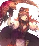  1girl :d animal_on_arm bird bird_on_arm brown_hair character_name commentary_request dress falcon falcon_(girls_frontline) falconry girls_frontline gloves hair_ribbon head_scarf head_tilt long_hair looking_at_viewer open_mouth puffy_sleeves red_headwear ribbon short_sleeves smile solo suginakara_(user_ehfp8355) twintails white_background 