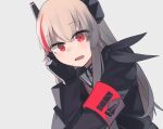  1girl black_gloves black_jacket black_scarf blonde_hair eyebrows_visible_through_hair girls_frontline gloves hair_ornament hand_on_head highres hinami047 jacket long_hair looking_at_viewer m4_sopmod_ii_(girls&#039;_frontline) multicolored_hair open_mouth red_eyes scarf smile solo white_background 