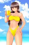  1girl alcohol bandeau beer beer_mug bikini black_eyes black_hair blue_sky breasts closed_mouth clouds cloudy_sky commentary cowboy_shot cup day eyebrows_visible_through_hair girls_und_panzer hand_on_hip highleg highleg_bikini holding holding_cup horizon large_breasts light_frown long_hair looking_at_viewer mug navel nishizumi_shiho ocean outdoors sky solo standing straight_hair strapless strapless_bikini swimsuit tanaka_rikimaru textless yellow_bikini 
