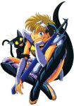  1990s_(style) 1girl arm_hug armor black_cat blonde_hair blue_eyes cat full_body head_rest headpiece luna_de_rimsbel majuu_senshi_luna_varga official_art pauldrons retro_artstyle sheath sheathed short_hair shoulder_armor simple_background sitting smile solo sword tail vambraces weapon white_background 