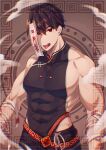  1boy absurdres bandages bare_arms bare_shoulders black_hair black_tank_top highres jiangshi kurobikari looking_at_viewer male_focus muscular muscular_male original red_eyes short_hair solo tank_top teeth tongue tongue_out upper_body 