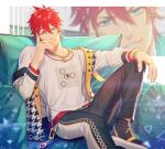  1boy amagi_rinne belt black_footwear black_pants blue_eyes bracelet couch earrings ensemble_stars! jewelry kuren looking_at_viewer male_focus multiple_rings necklace on_couch open_clothes open_vest pants redhead ring shirt shoes short_hair sitting smile solo vest white_shirt 