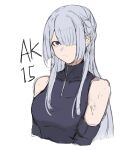  1girl ak-15_(girls_frontline) bodysuit breasts character_name closed_mouth eyebrows_visible_through_hair girls_frontline hair_between_eyes hair_over_eyes highres long_hair looking_at_viewer medium_breasts one_eye_covered purple_bodysuit saiun_sigma silver_hair solo violet_eyes white_background 