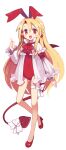  1girl :d ajitarou_(setsu) bare_legs blonde_hair blouse bow bowtie capelet covered_navel demon_tail disgaea earrings flonne flonne_(fallen_angel) full_body hair_ribbon heart heart_earrings high_heels highres jewelry leotard long_hair looking_at_viewer makai_senki_disgaea open_mouth pointy_ears red_bow red_eyes red_footwear red_leotard red_ribbon ribbon simple_background smile solo standing tail tail_bow tail_ornament white_background white_blouse white_bow white_capelet wings 