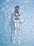  1girl arms_at_sides artist_name blue_bodysuit bodysuit bubble commentary diving_mask flippers from_above from_behind from_side full_body goggles hairband highres hose long_hair original ponytail scuba_gear scuba_tank snorkel swimming temisu_no_nageki thigh_gap underwater wetsuit white_bodysuit zoom_layer 