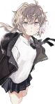  1girl ahoge black_neckwear black_skirt collared_shirt commentary_request cowboy_shot girls_frontline hei_(tonarinohey) jacket looking_at_viewer m200_(girls_frontline) messy_hair necktie open_clothes open_jacket pleated_skirt ponytail shirt skirt solo violet_eyes white_background white_shirt 
