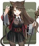  1girl :d animal_ears arknights bangs belt belt_buckle black_legwear black_neckwear black_skirt border brown_hair buckle cat cat_ears earrings exion_(neon) green_background hair_between_eyes holding holding_wand jacket jewelry long_hair long_sleeves looking_at_viewer necktie open_mouth qr_code red_jacket simple_background skirt skyfire_(arknights) smile solo wand 