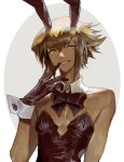  1boy alternate_costume animal_ears bangs bare_shoulders bow bowtie brown_hair cocaduel crossdressinging detached_collar finger_to_mouth hair_between_eyes highres leotard light_brown_hair male_focus male_playboy_bunny multicolored_hair rabbit_ears short_hair sidelocks skinny smug solo strapless strapless_leotard supreme_king_(yu-gi-oh!_gx) two-tone_hair upper_body wrist_cuffs yellow_eyes yu-gi-oh! yu-gi-oh!_gx yuuki_juudai 