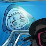 1boy 1girl :3 animal_costume blue_eyes blue_hair cage chibi diving gawr_gura hololive hololive_english jazz_jack looking_at_another lowres multicolored_hair photo-referenced scuba_gear shark_costume shark_girl signature swimming underwater water white_hair 