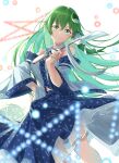  1girl absurdres bangs blue_skirt blurry blurry_foreground closed_mouth danmaku detached_sleeves eyebrows_visible_through_hair frilled_skirt frills frog_hair_ornament gohei green_eyes green_hair hair_ornament hair_tubes hand_on_hip highres holding hp2 kochiya_sanae long_hair looking_at_viewer nontraditional_miko pentagram shirt skirt smile solo touhou white_background white_shirt wide_sleeves 