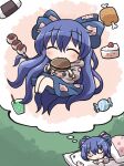  1girl ^_^ bangs barefoot bed_sheet blue_bow blue_hair blue_skirt bow bracelet burger cake candy closed_eyes closed_mouth dango debt drawstring drink eating food grey_hoodie hair_bow hood hoodie jewelry long_hair meat onigiri pillow rokugou_daisuke signature skirt sleeping smile solo touhou very_long_hair wagashi yorigami_shion 