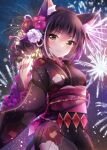  1girl aerial_fireworks animal_ear_fluff bangs black_flower black_hair black_kimono braid breasts brown_eyes closed_mouth commentary_request crown_braid eyebrows_visible_through_hair fireworks floral_print flower frilled_sleeves frills hair_between_eyes hair_flower hair_ornament hand_up ichiyou_moka japanese_clothes karyl_(princess_connect!) kimono long_sleeves multicolored_hair night night_sky obi outdoors pink_flower princess_connect! print_kimono sash sky small_breasts smile solo streaked_hair white_flower white_hair wide_sleeves 