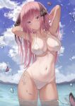  1girl arms_behind_head arms_up ass_visible_through_thighs bikini black_bikini breasts bug butterfly clouds collarbone cowboy_shot crop_top day front-tie_top go-toubun_no_hanayome hair_ribbon halter_top halterneck highres large_breasts long_hair looking_at_viewer marinesnow nakano_nino navel outdoors parted_lips pink_hair ribbon see-through short_sleeves side-tie_bikini smile solo standing stomach string_bikini sunlight swimsuit tan tanlines two_side_up violet_eyes wading water wet wet_clothes 