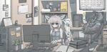  1girl 1other ahoge animal_ears arknights at_computer binder black_jacket blue_eyes brown_hair calendar_(object) chair clipboard commentary_request computer crossed_arms desk doctor_(arknights) energy_drink fox_ears fox_girl gloves highres hood hooded_jacket indoors jacket jb_ryshamr leaning_back monitor office office_chair on_chair oripathy_lesion_(arknights) plant potted_plant ramen red_bull short_hair sleeveless sussurro_(arknights) typing working 