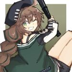  1girl arknights bangs baseball_bat beret black_headwear black_shorts border braid brown_hair cuora_(arknights) exion_(neon) green_background green_eyes grin hair_between_eyes hat holding holding_baseball_bat jacket letterman_jacket long_hair long_sleeves looking_at_viewer multicolored_hair one_eye_closed open_mouth shorts simple_background smile solo streaked_hair teeth twin_braids 