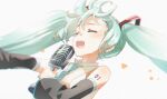  1girl aqua_hair bangs bare_shoulders black_sleeves blue_neckwear blush closed_eyes collared_shirt commentary_request hatsune_miku holding holding_microphone long_hair long_sleeves microphone naruse_chisato open_mouth outstretched_arm shirt simple_background sleeveless sleeveless_shirt solo tears twintails upper_teeth vocaloid white_background white_shirt wide_sleeves 