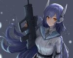  1girl absurdres assault_rifle badge blue_hair blue_ribbon breasts bullpup chan1moon collared_jacket eyebrows_visible_through_hair girls_frontline grey_background gun hair_between_eyes hexagram highres imi_tavor_tar-21 jacket leotard long_hair long_sleeves looking_at_viewer medium_breasts neck_ribbon red_eyes ribbon rifle robot_ears smile solo star_of_david tar-21_(girls_frontline) upper_body very_long_hair weapon white_jacket white_leotard 