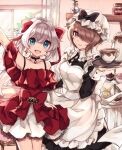  2girls :d apron armpits bangs bare_shoulders black_dress blue_eyes brown_hair chabatake closed_mouth cup cupcake curtains dress food frilled_dress frills hair_between_eyes hair_over_one_eye hair_ribbon hand_up holding holding_tray homu_(honkai_impact) honkai_(series) honkai_impact_3rd indoors long_hair long_sleeves looking_at_viewer maid maid_apron maid_headdress multiple_girls open_mouth red_dress ribbon rita_rossweisse short_hair smile teacup teapot theresa_apocalypse tray violet_eyes white_hair window 